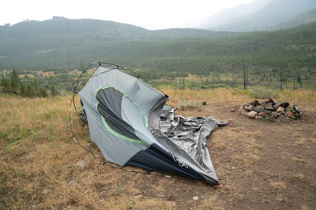 Coleman Skydome 6P camping tent (collapsed in wind)